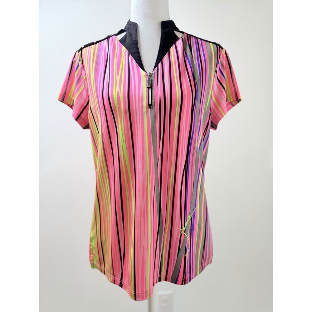 Jamie Sadock Multicolor Striped Golf Top Womens Medium Pink Neon Zip Athletic
